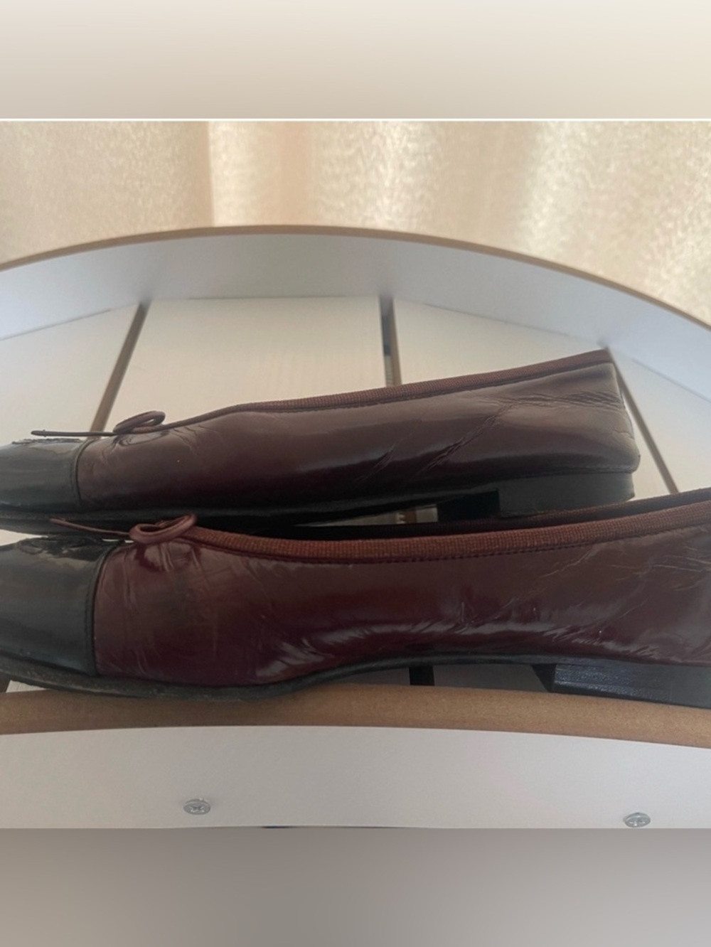 CHANEL Burgundy and Black Leather Cap-Toe Ballet Flats - Picture 4 of 8